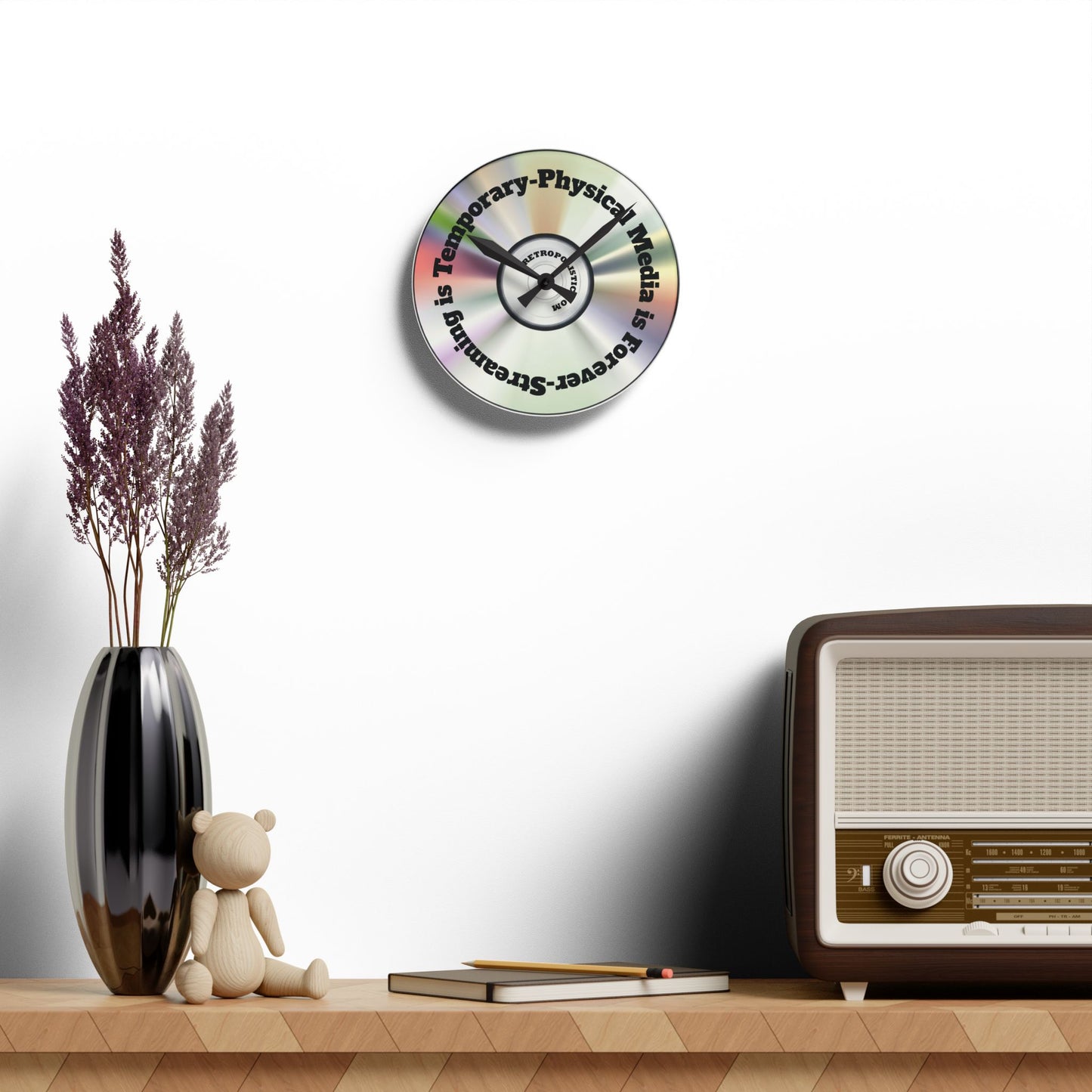 Acrylic Wall Clock — Retro CD Design with 'Streaming is Temporary-Physical Media is Forever'
